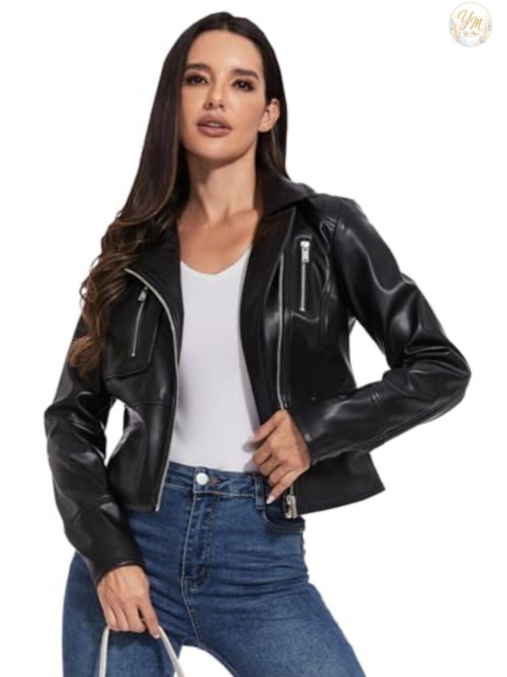 Faux Leather Moto Jacket Cropped Long Sleeve Zip Utility Pockets